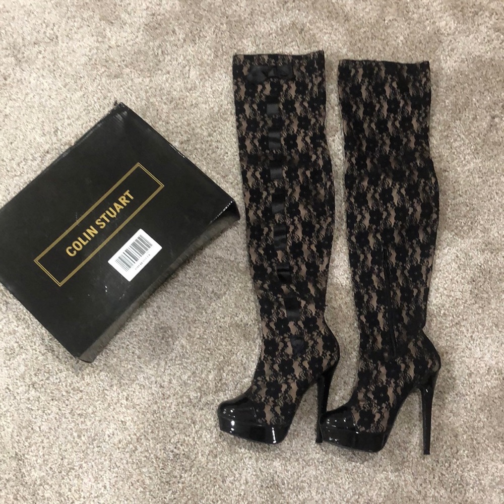 Colin Stuart Ribbon&Lace Over Knee Platform Boots.